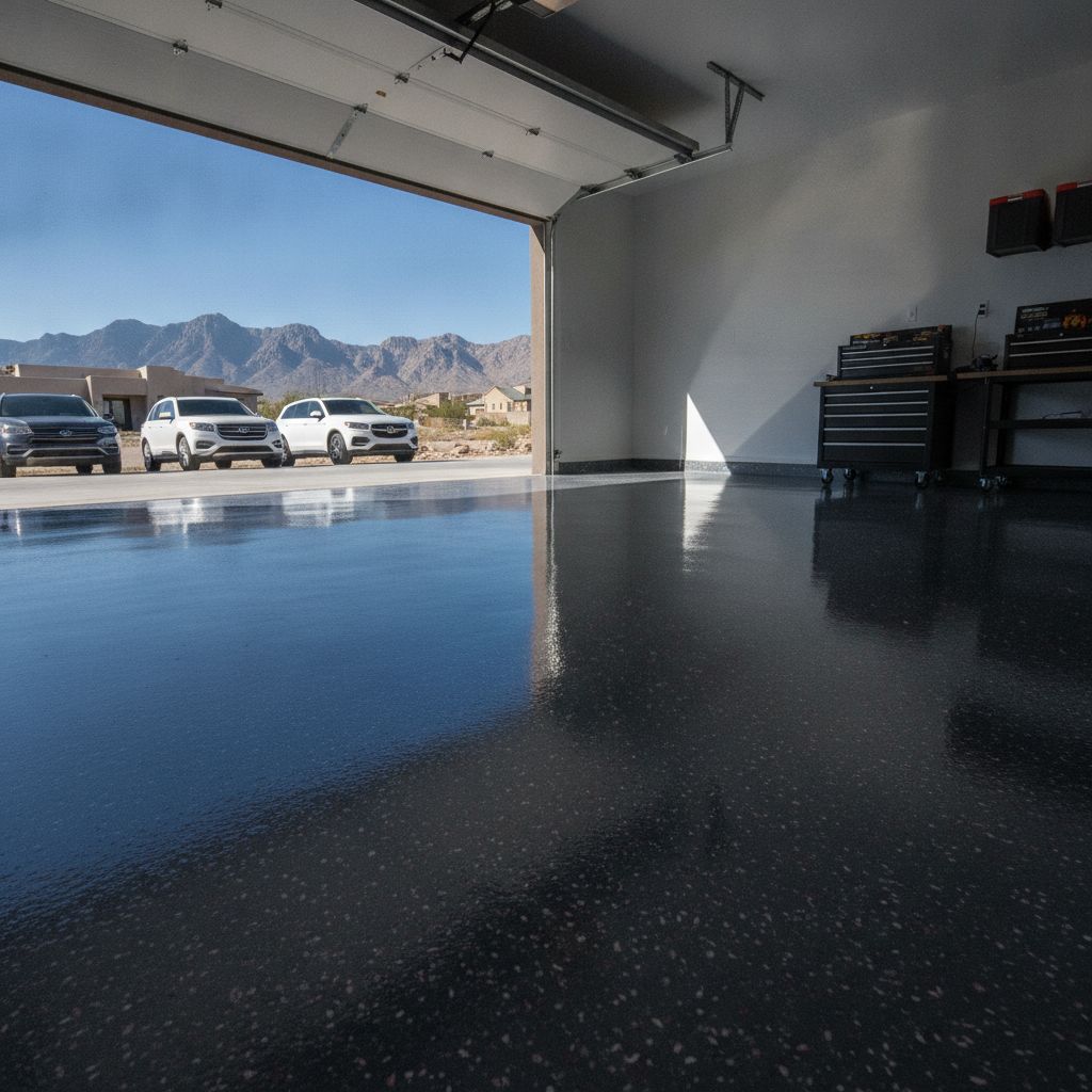 Glossy polyurea-coated garage floor with decorative flake finish under desert daylight
